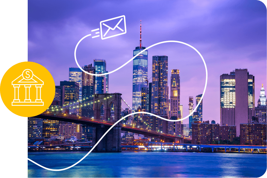 a city waterfront at dusk, overlaid with a bank icon