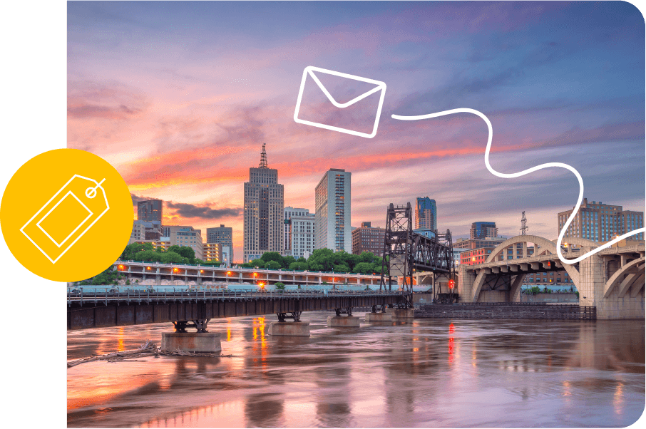 a city waterfront at dusk, overlaid with a price tag icon